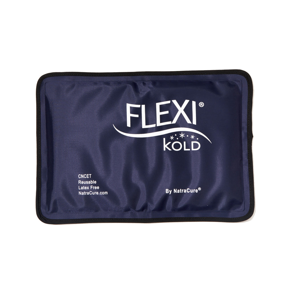 Navy blue ice pack with 'Flexi Kold' branding on a white background
