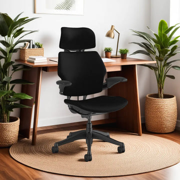 Freedom Office Task Chair with Headrest in black, shown in an office setting with a wooden desk and plants in rattan pots.