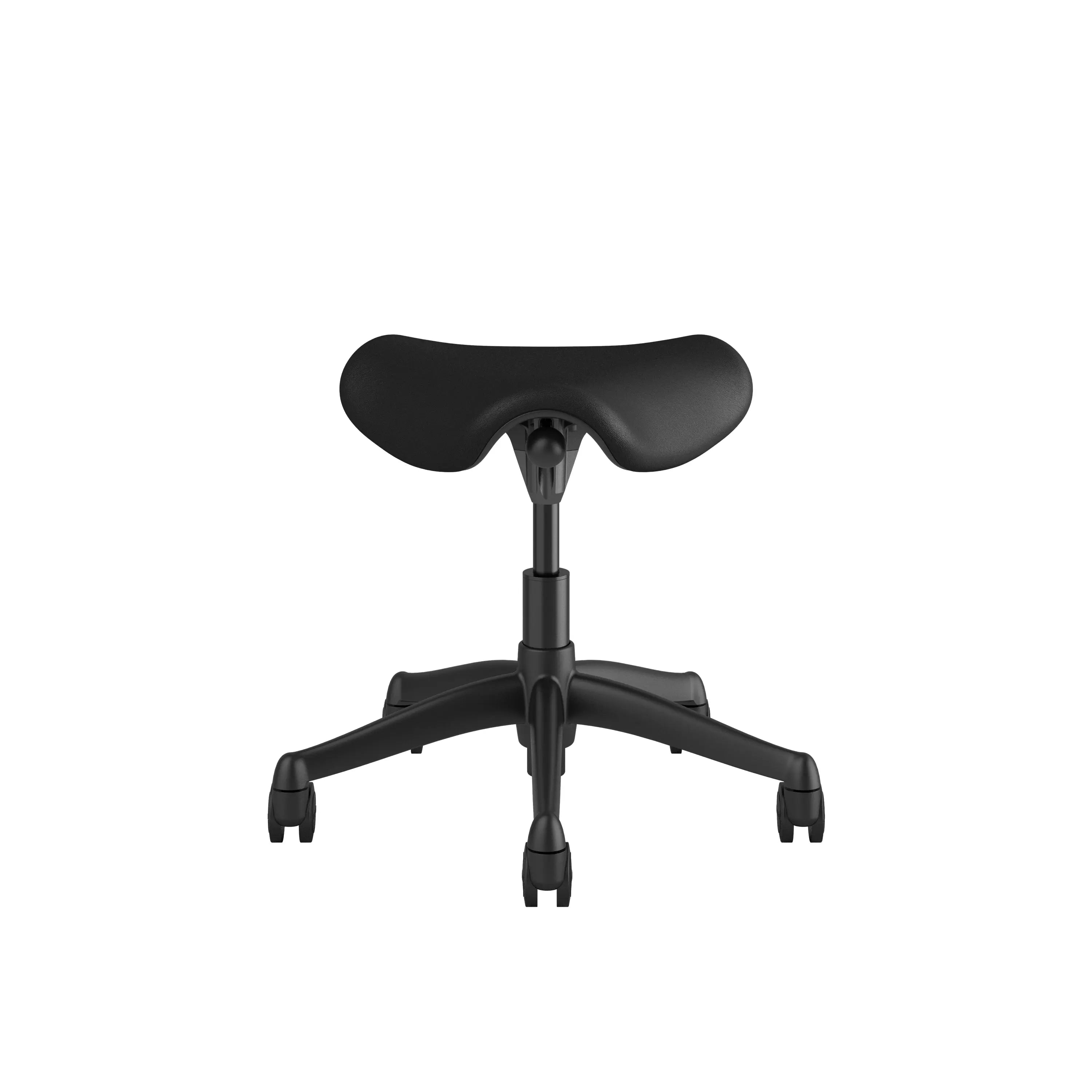 Black ergonomic saddle stool with a curved seat and five caster wheels on a sturdy base, designed for active sitting and improved posture.