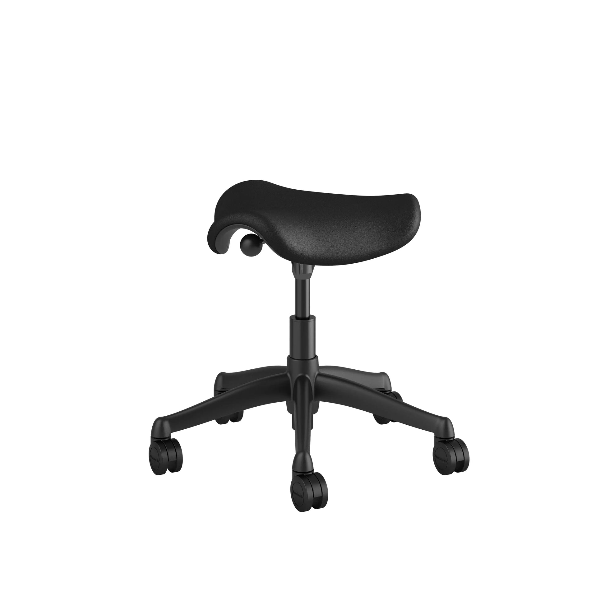 Black ergonomic saddle stool with a curved seat and five caster wheels on a sturdy base, designed for active sitting and improved posture.