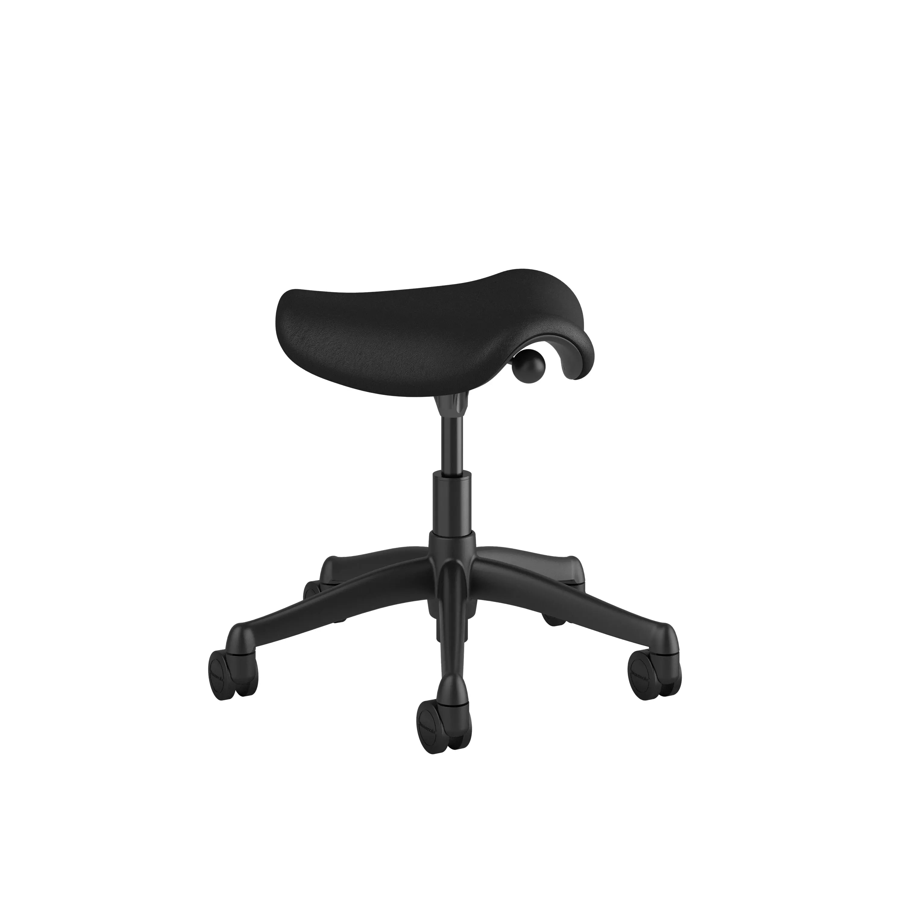 Black ergonomic saddle stool with a curved seat and five caster wheels on a sturdy base, designed for active sitting and improved posture.