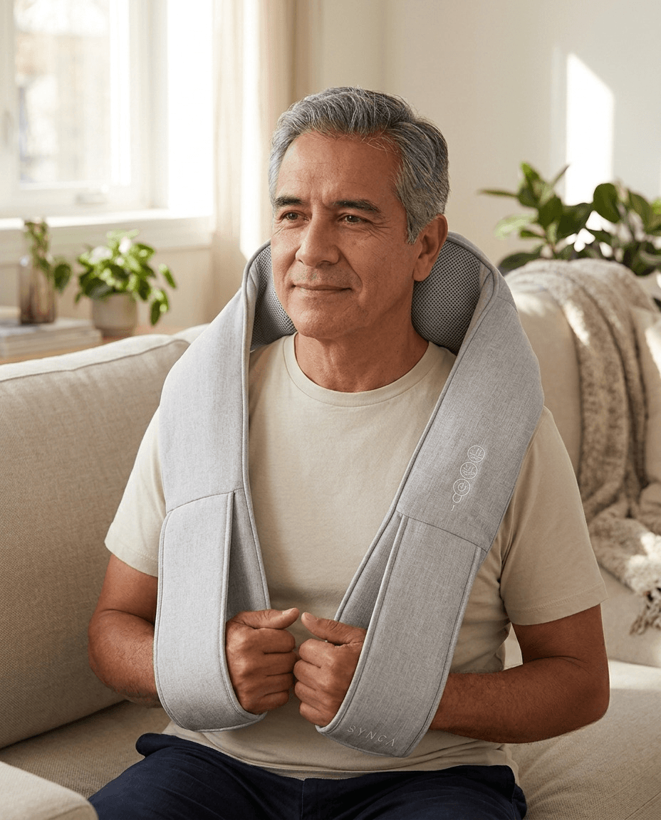 A man sitting on a beige couch in a bright living room, wearing a light gray neck and shoulder massager around his neck and upper chest.