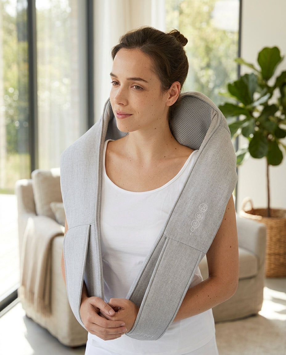 A woman wearing a light gray shoulder and neck massage pillow wrap in a bright, modern living room.