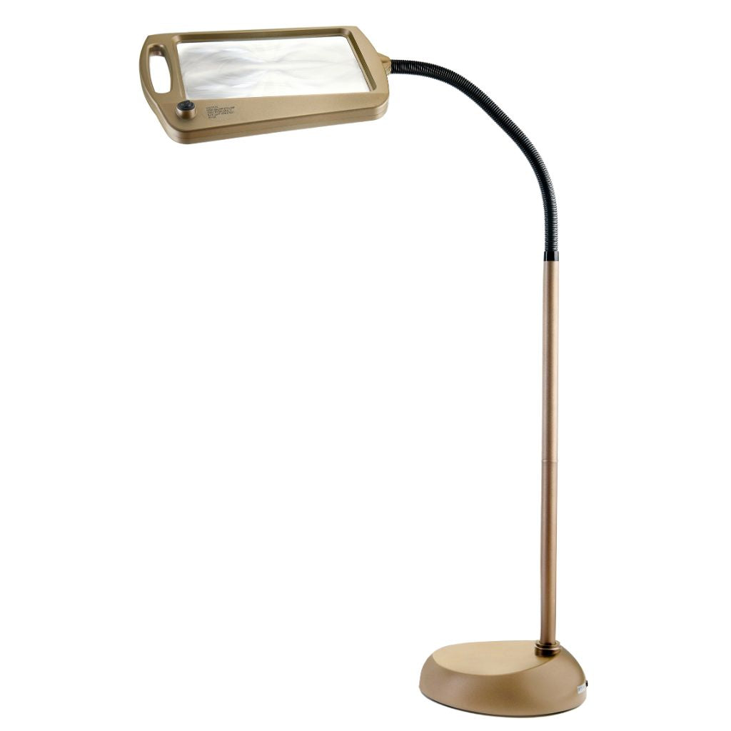 Gold magnifying lamp with a flexible neck on a white background