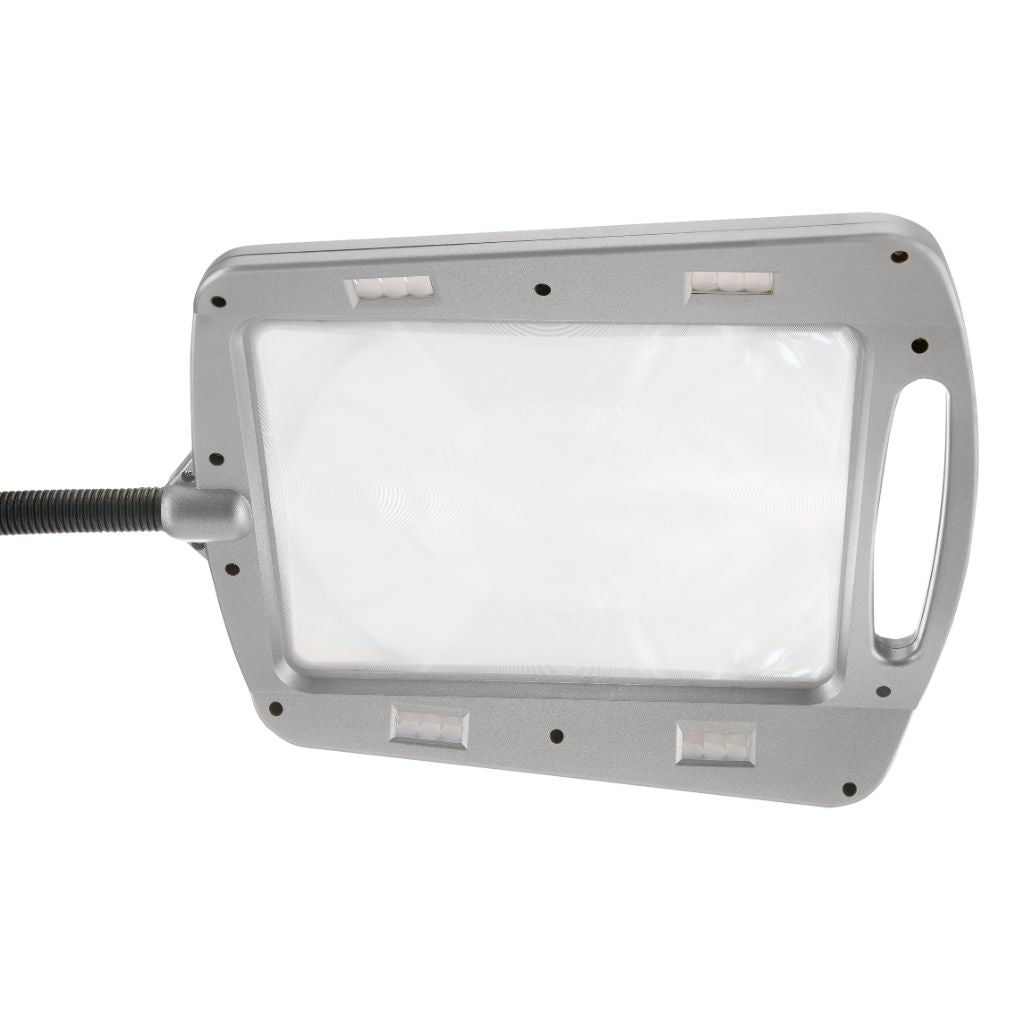 Silver magnifying lamp with a flexible neck on a white background