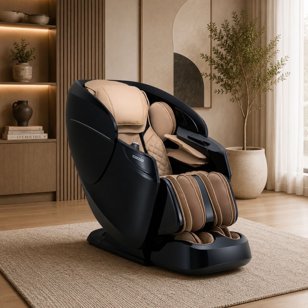Massage chair in a modern living room setting with neutral colors and decor.