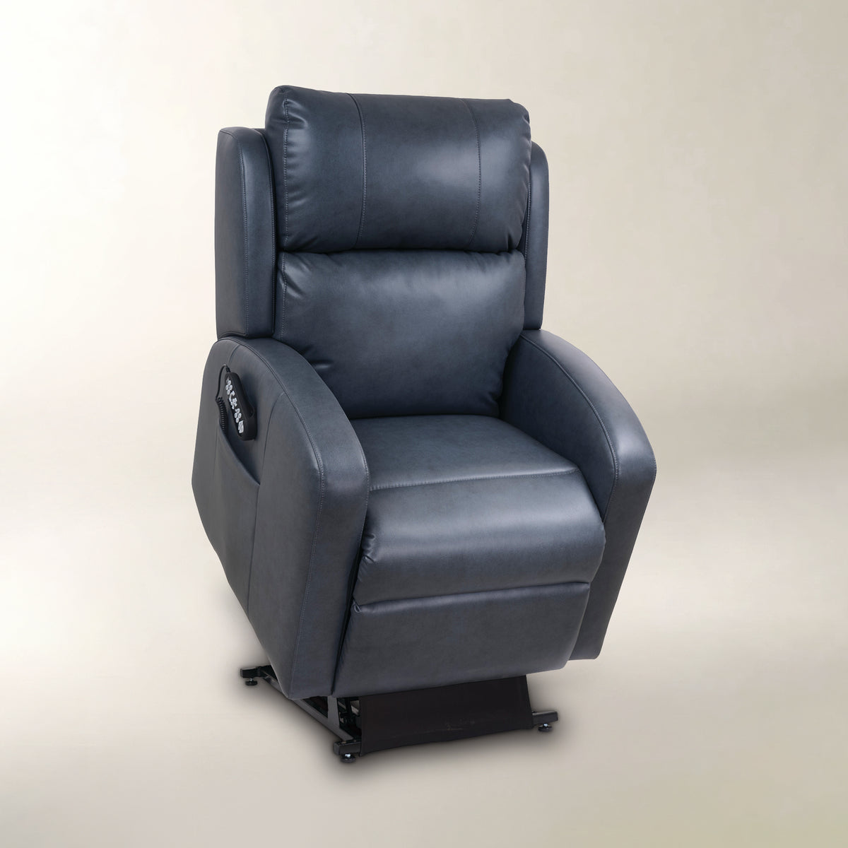 A dark slate blue upholstered recliner chair with a black wheeled base, photographed against a neutral beige studio background.