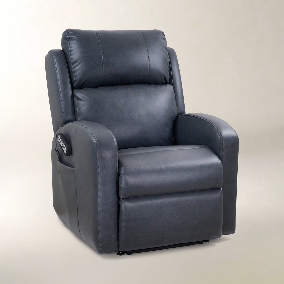 A dark slate gray upholstered recliner chair with a side-mounted control panel, photographed against a neutral beige studio background.