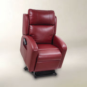 A red leather recliner chair with a black base and a side-mounted remote control, photographed against a neutral beige studio background.