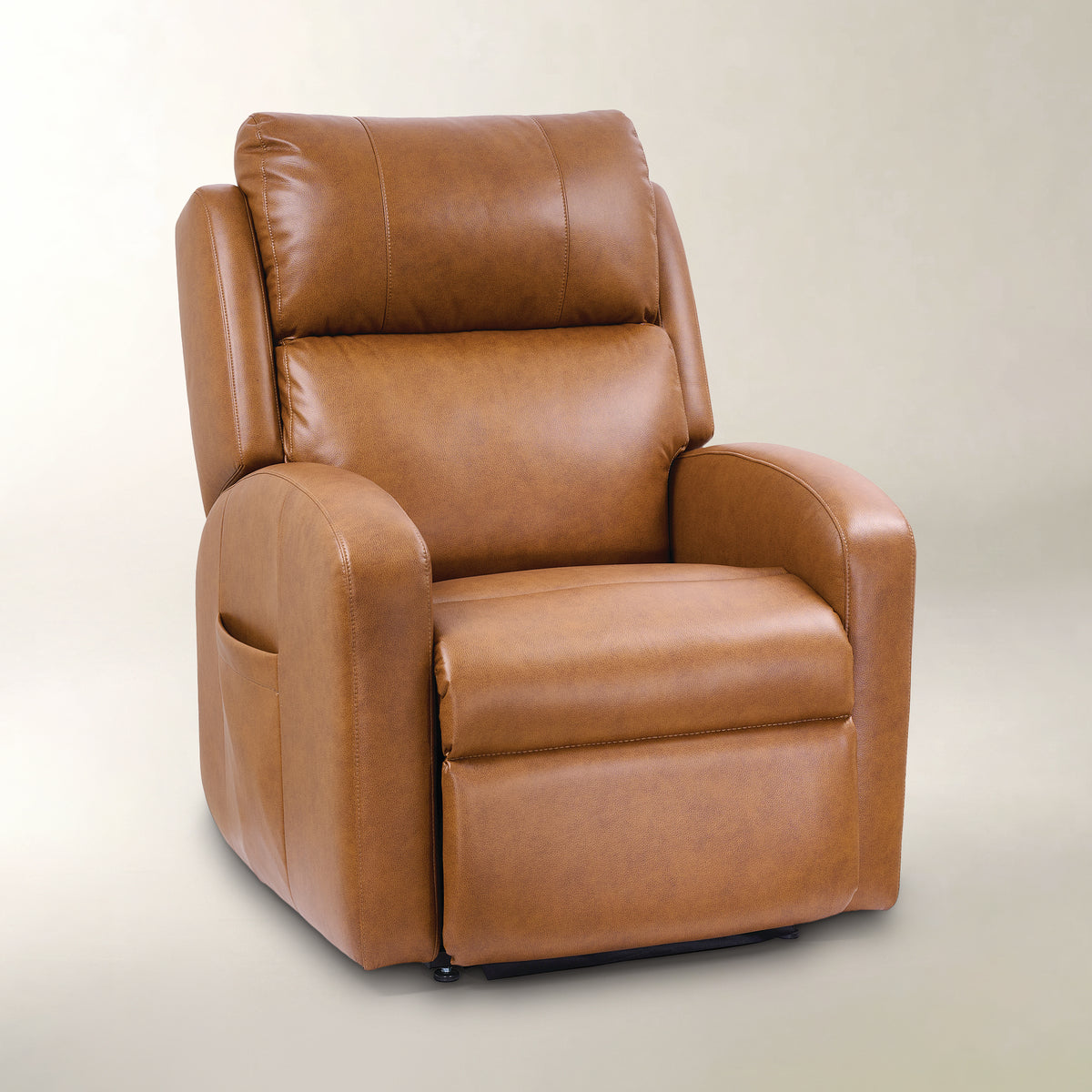 A brown leather recliner chair with a high back, padded headrest, wide armrests, and a side pocket, shown on a plain light beige studio background.