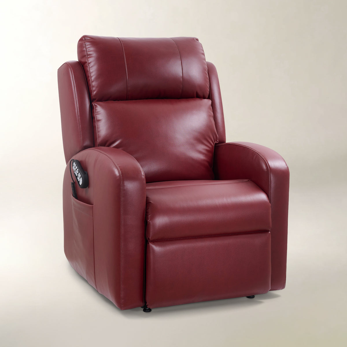 A plush power recliner chair upholstered in deep burgundy leather, shown from a three-quarter angle against a neutral beige background.