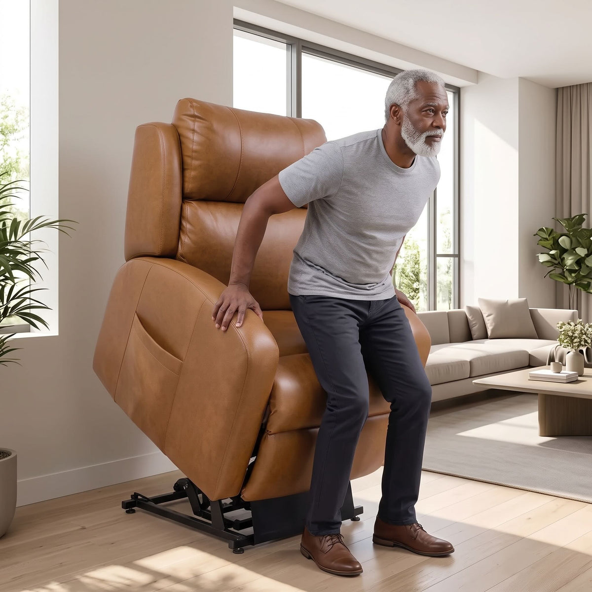 A man with a gray beard and white hair stands beside a tan leather recliner chair in a bright, modern living room with light wood floors and a beige sofa in the background.