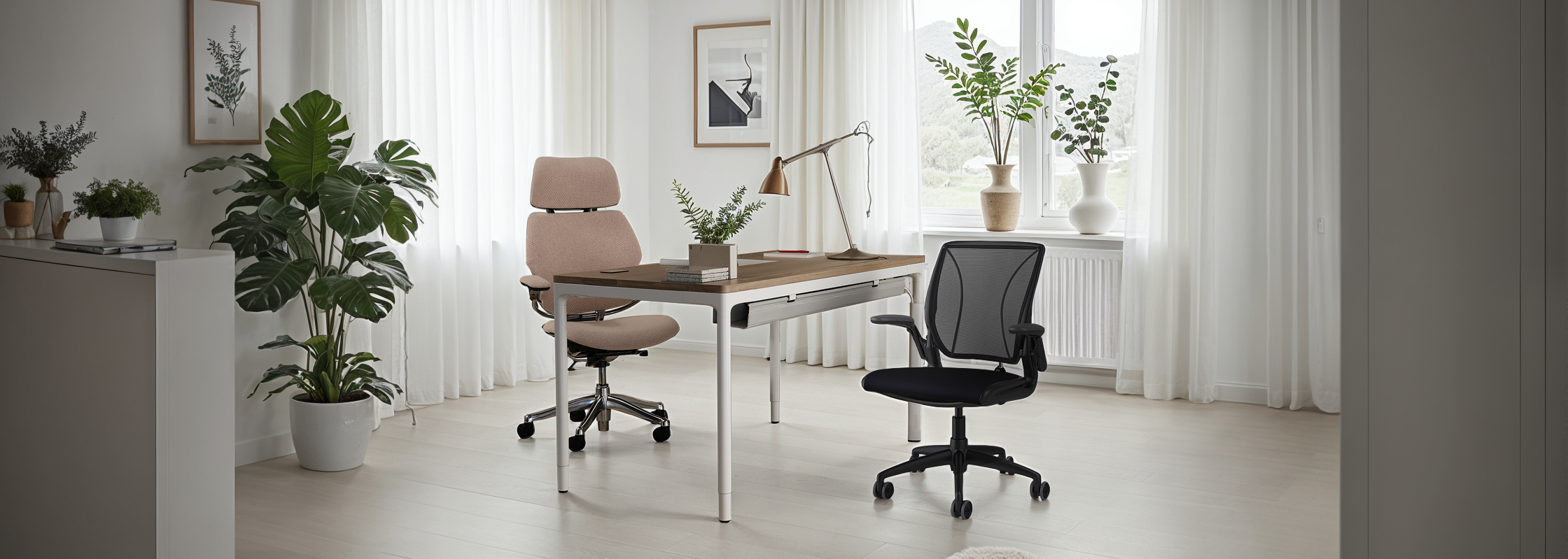 Modern office setup with a desk, chairs, and decorative plants.