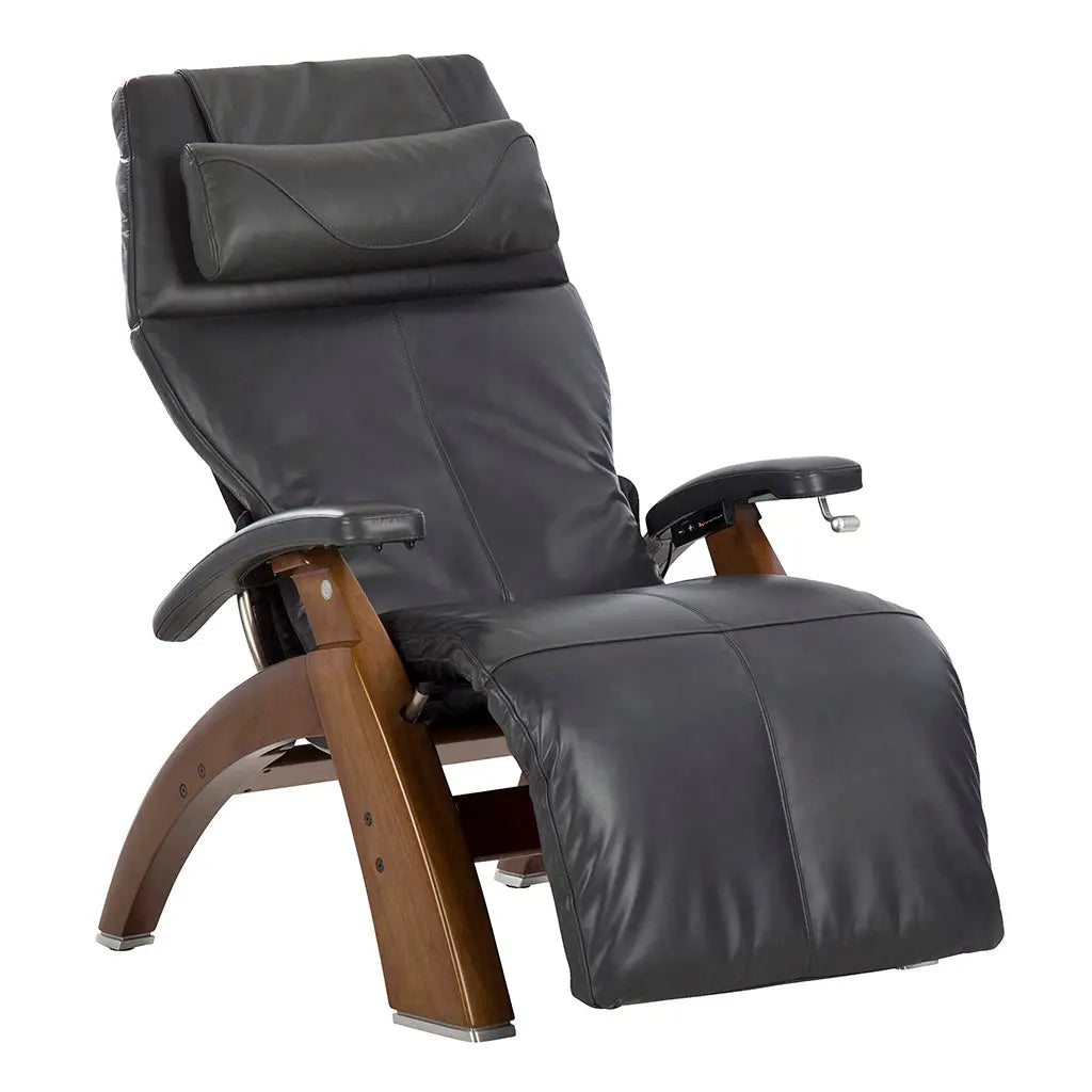 Grey-colored zero gravity recliner chair with wood base and padded armrests, shown against a white background.
