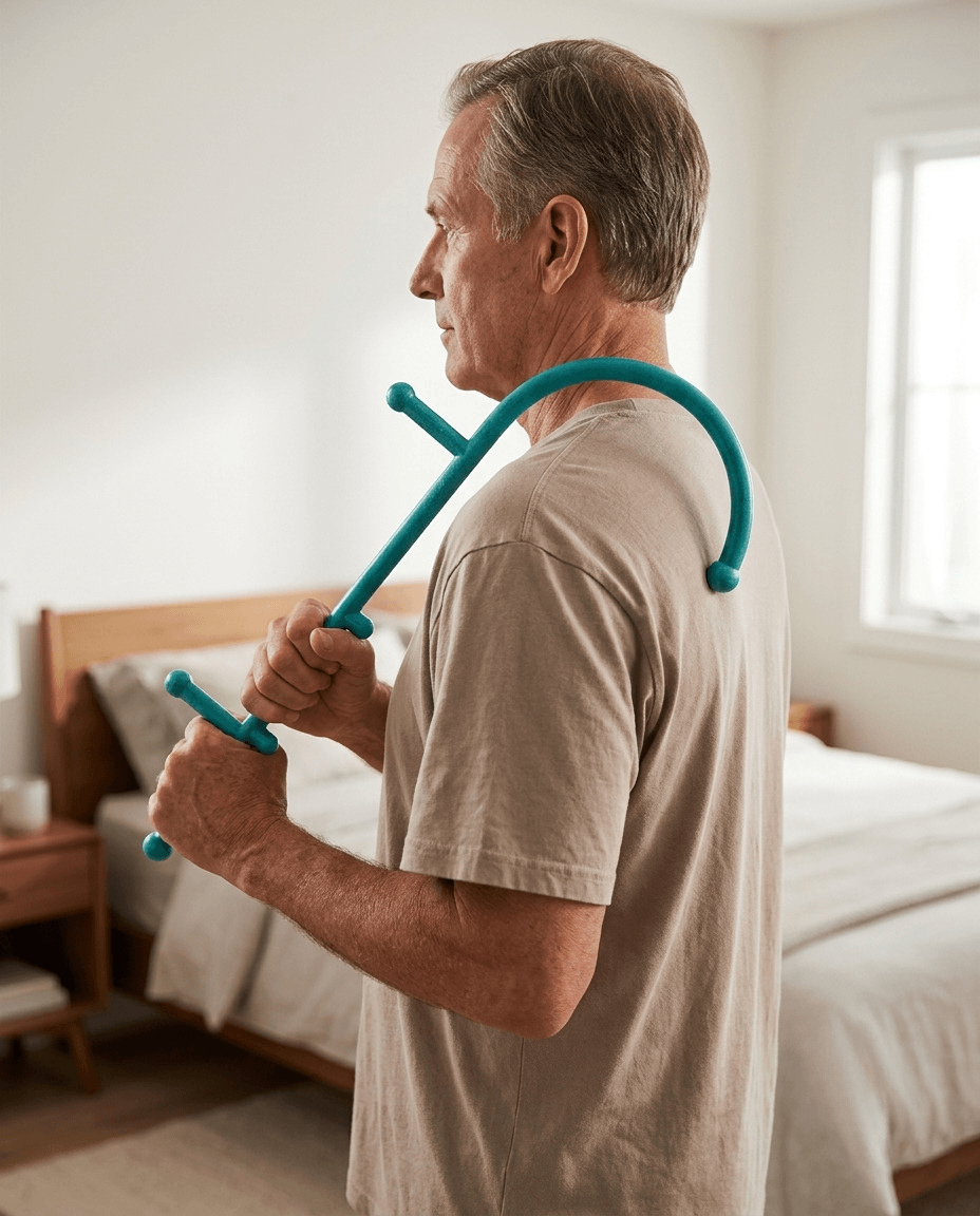 An older man in a beige t-shirt stands in a bedroom holding a teal shoulder massage tool behind his neck.