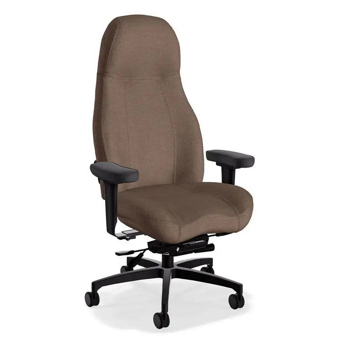 Ergonomic office chair with taupe/brown upholstery, high back, padded arms, five-wheel base.