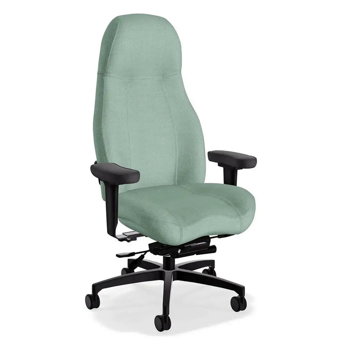 Ergonomic office chair with cream/off-white upholstery, high back, padded arms, five-wheel base.