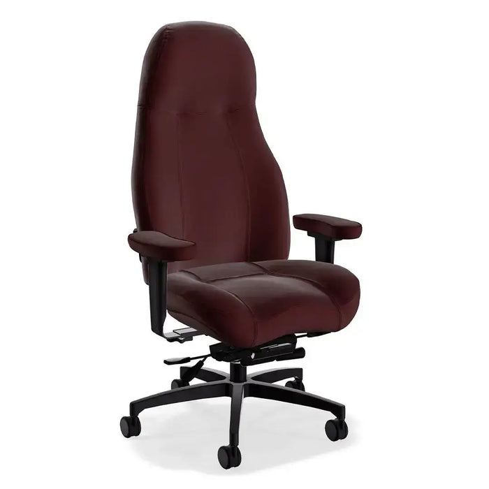 Ergonomic office chair with burgundy leather-like upholstery, high back, padded arms, and five-star wheeled base.