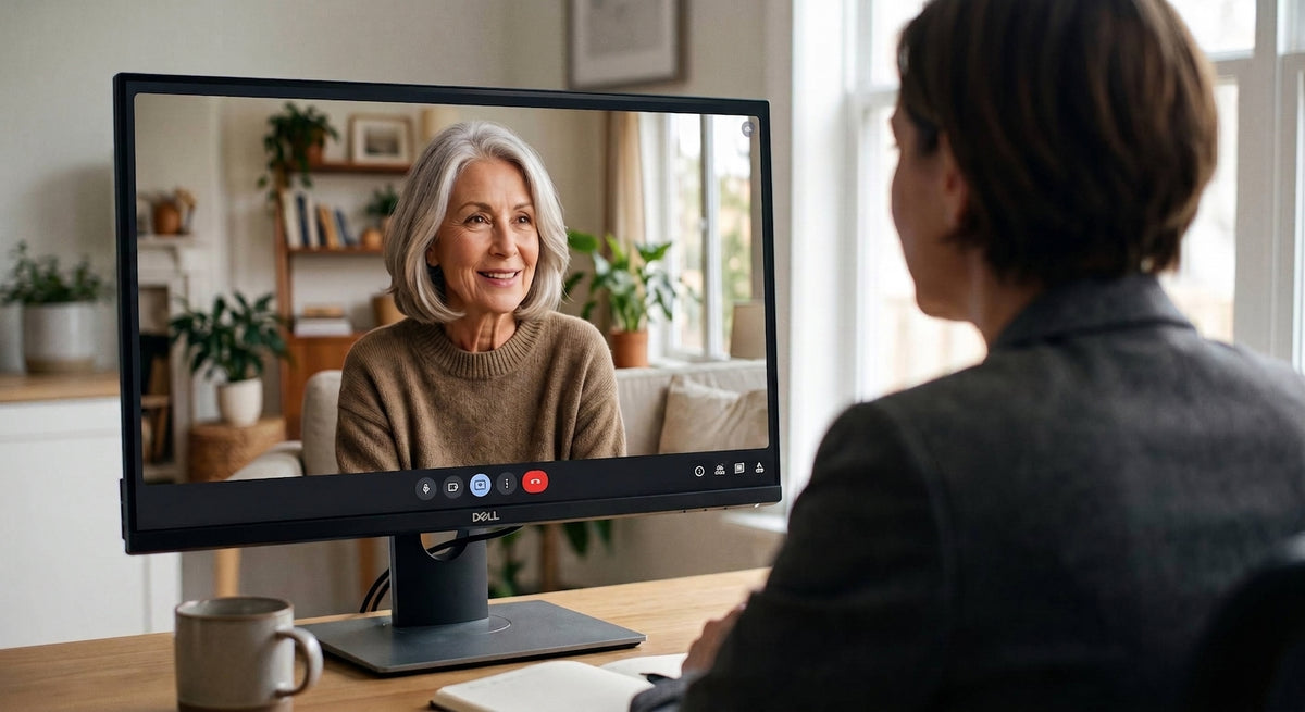 An over-the-shoulder view of a person sitting at a wooden desk, looking at a Dell monitor. The screen displays a video call with a smiling older woman with gray hair wearing a brown sweater in a sunlit room. On the desk in the foreground are a coffee mug and an open notebook.