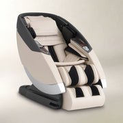 A modern massage chair in beige and black, shown at a three-quarter angle on a neutral beige background.