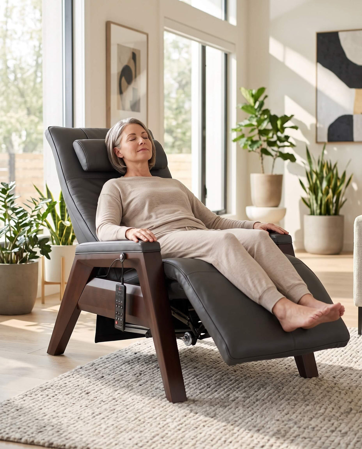 A woman relaxes in a dark gray adjustable leather recliner chair with a wooden frame in a bright, modern living room with plants and large windows.