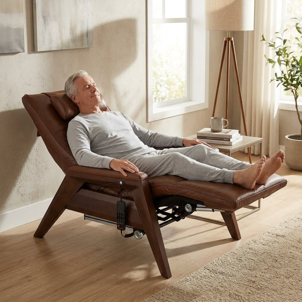 A man reclining in a brown leather massage chair with wooden legs in a bright, modern living room.