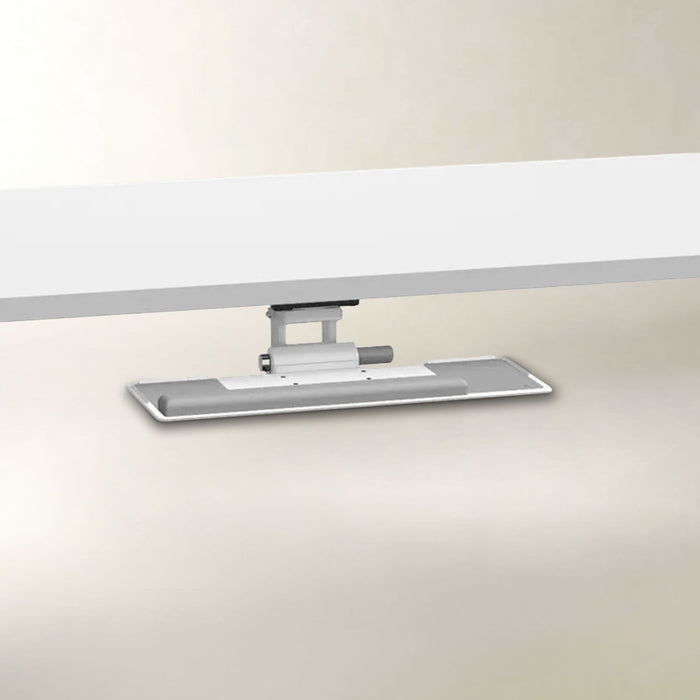 A modern wall-mounted light bar with a sleek silver and white design, shown mounted on a beige wall beneath a white ceiling.