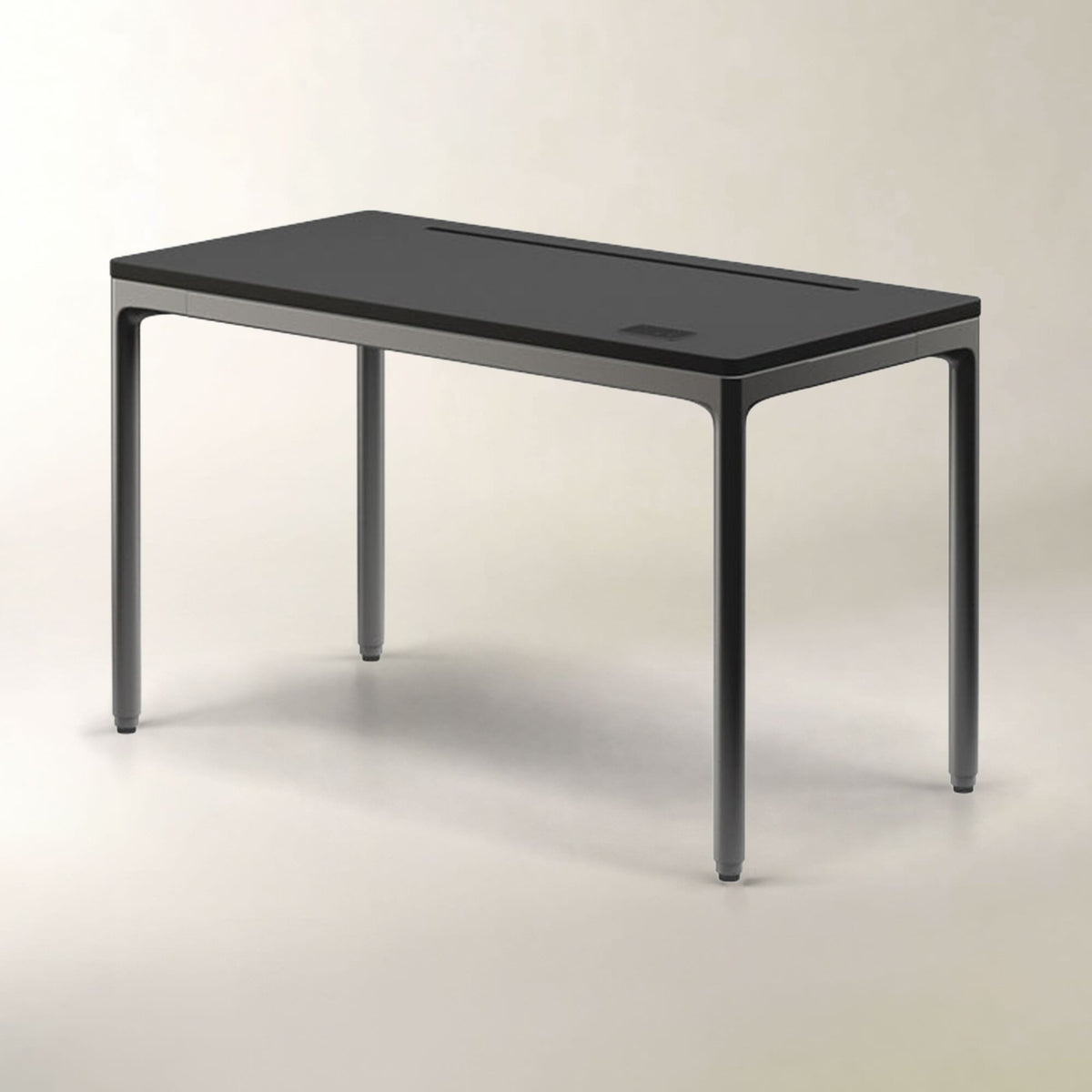 A modern rectangular table with a glossy black top and slim dark gray legs, shown on a neutral light beige studio background.