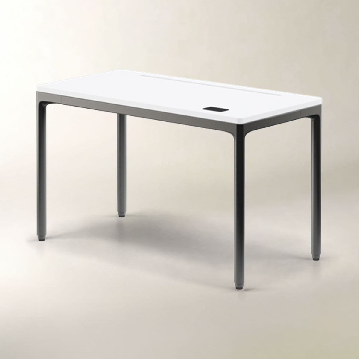 A modern rectangular table with a white top and dark gray legs, shown on a neutral light beige studio background.