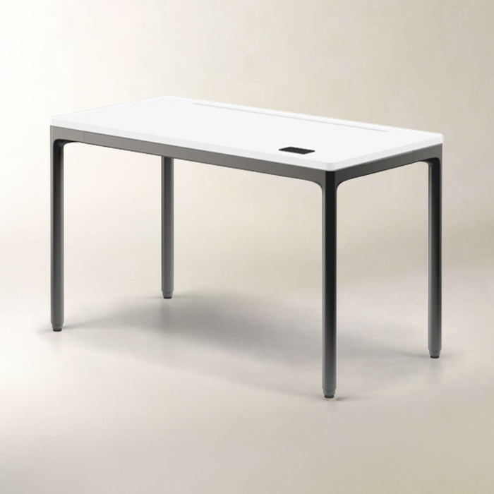 A modern rectangular table with a white top and dark gray legs, shown on a neutral light beige studio background.