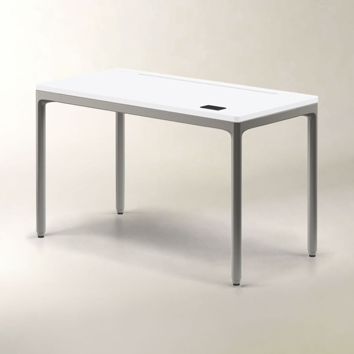 A modern rectangular table with a white top and slim gray legs, shown on a clean, light beige studio background.