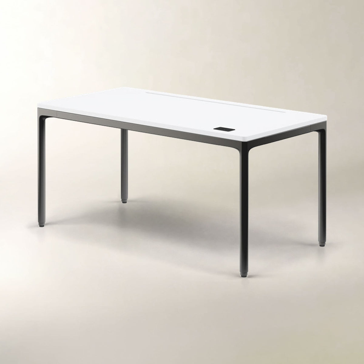 A modern rectangular coffee table with a white top and a dark gray metal frame and legs, shown on a neutral beige background.