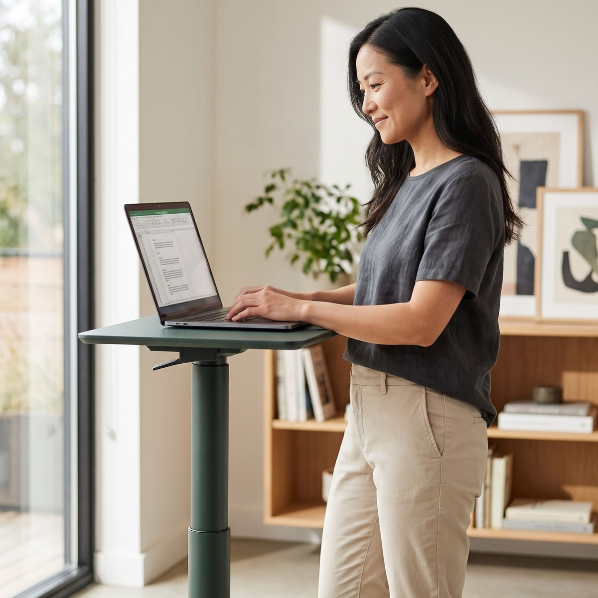 A woman stands at a dark green adjustable standing desk using a laptop in a bright, modern home office with a wooden bookshelf and large window.