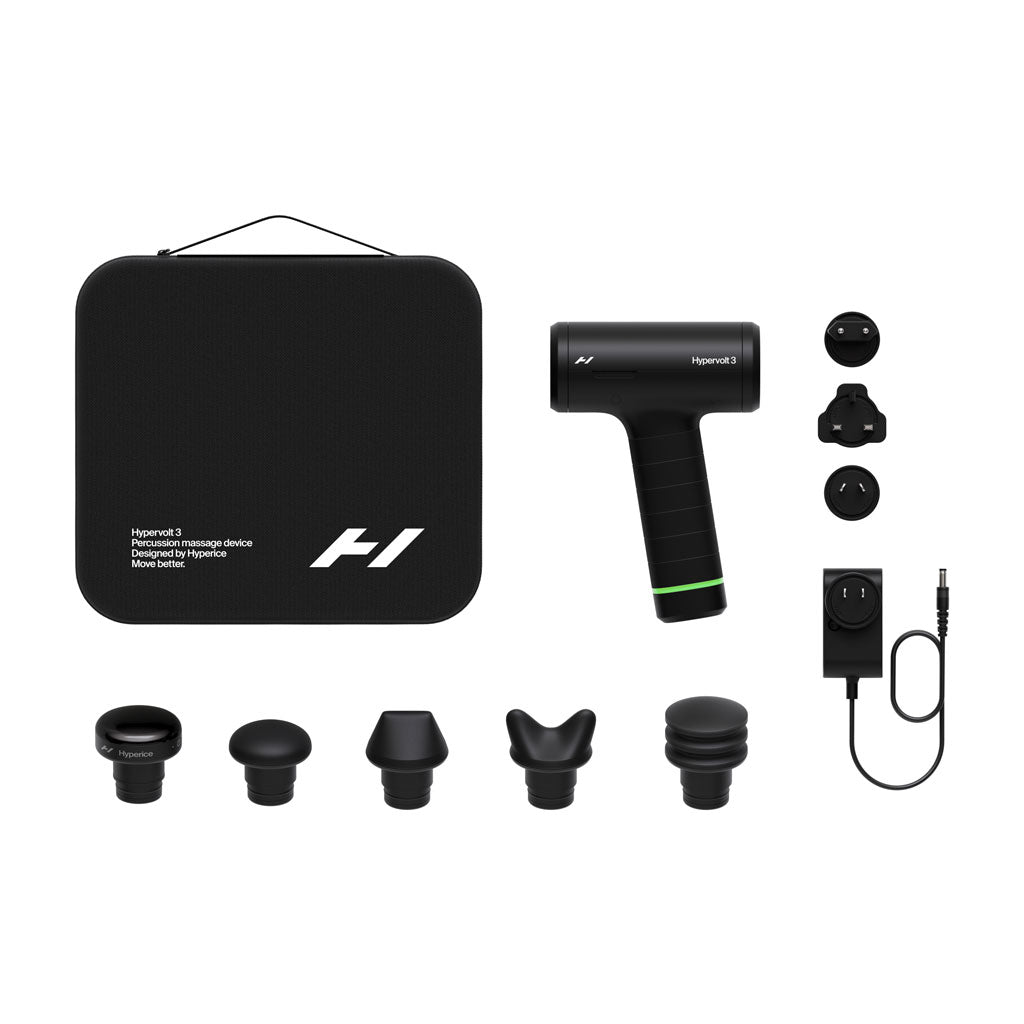 Massage gun set with attachments and carrying case on a white background