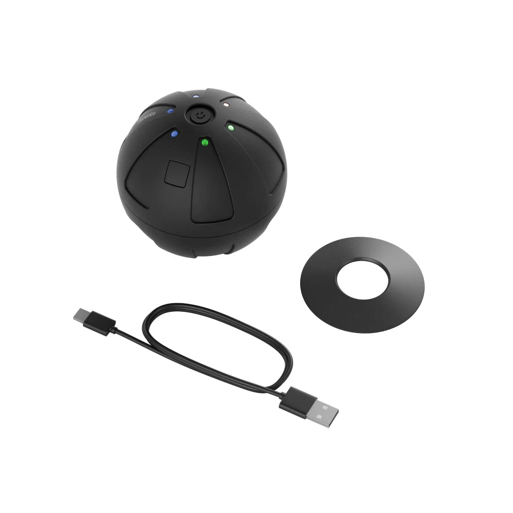 Hypersphere Go massage ball shown with USB cable and circular component on a white background