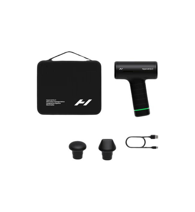 Black handheld device with attachments and carrying case on a white background