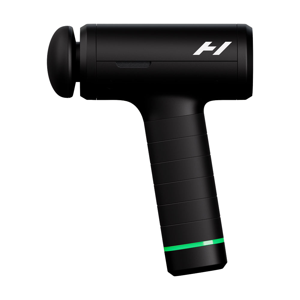 Black massage gun with a green accent on a white background