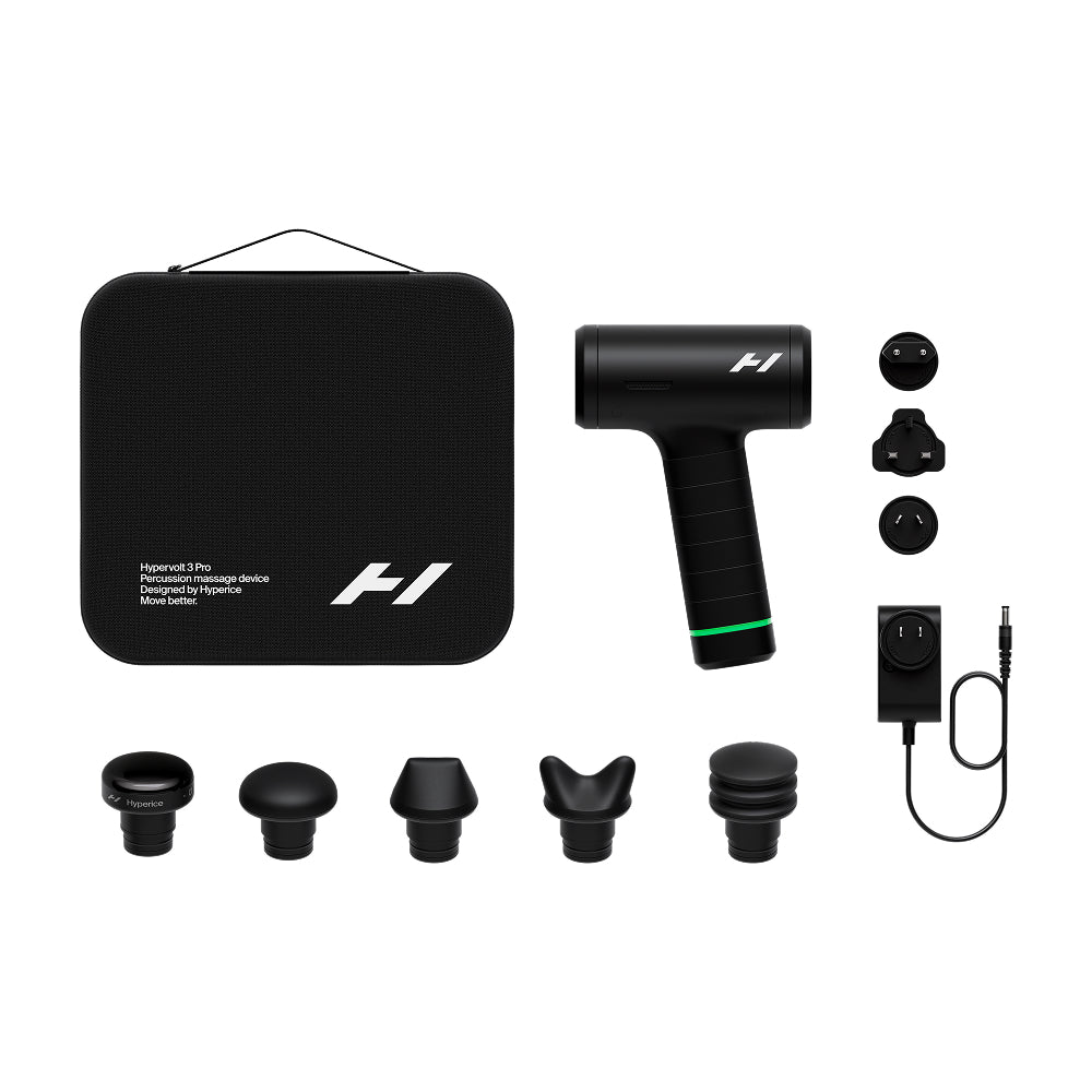 Black massage gun with attachments and carrying case on a white background