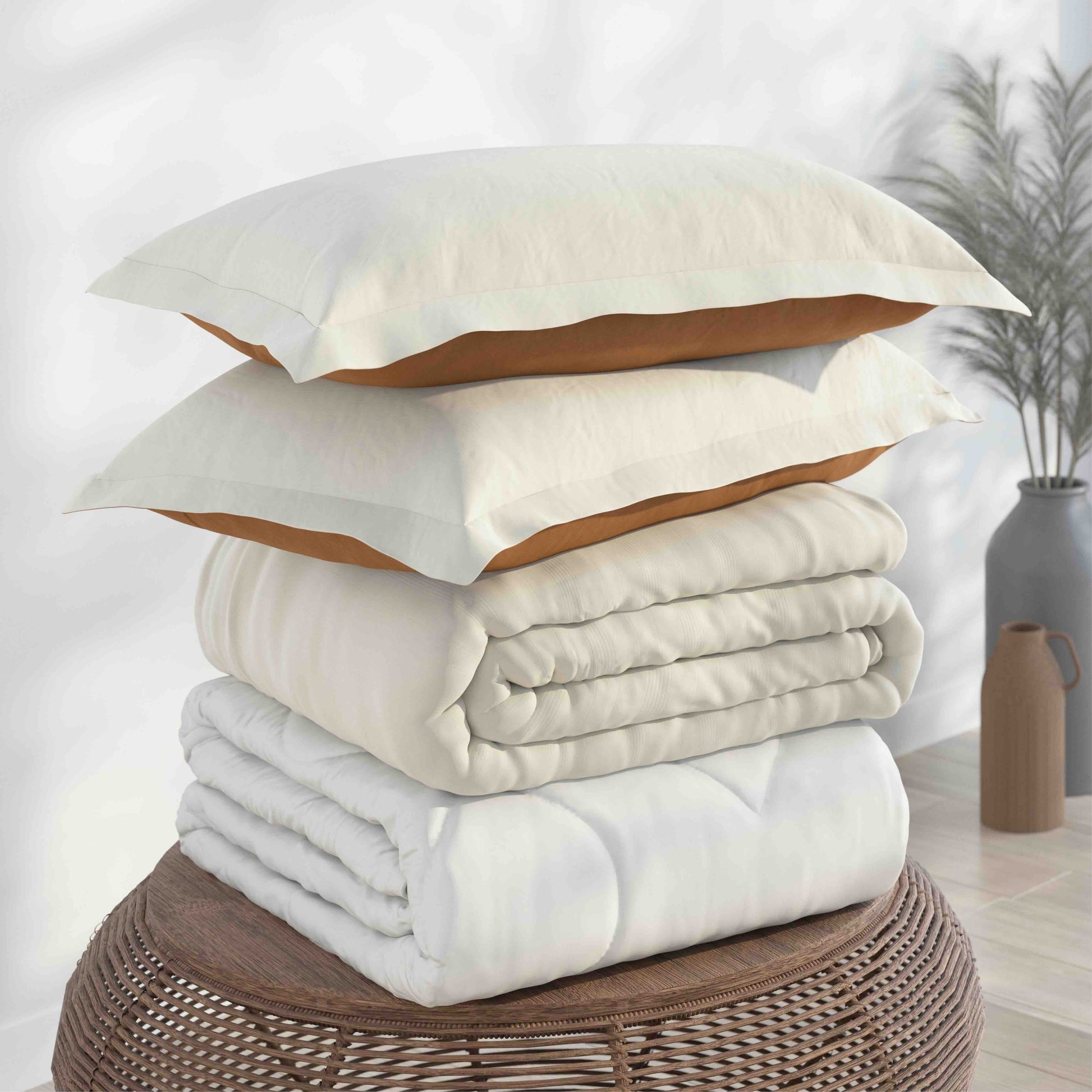 A stack of folded bedding, including two cream pillowcases with tan undersides, a cream quilt, and a white duvet, arranged on a round woven ottoman in a softly lit room.