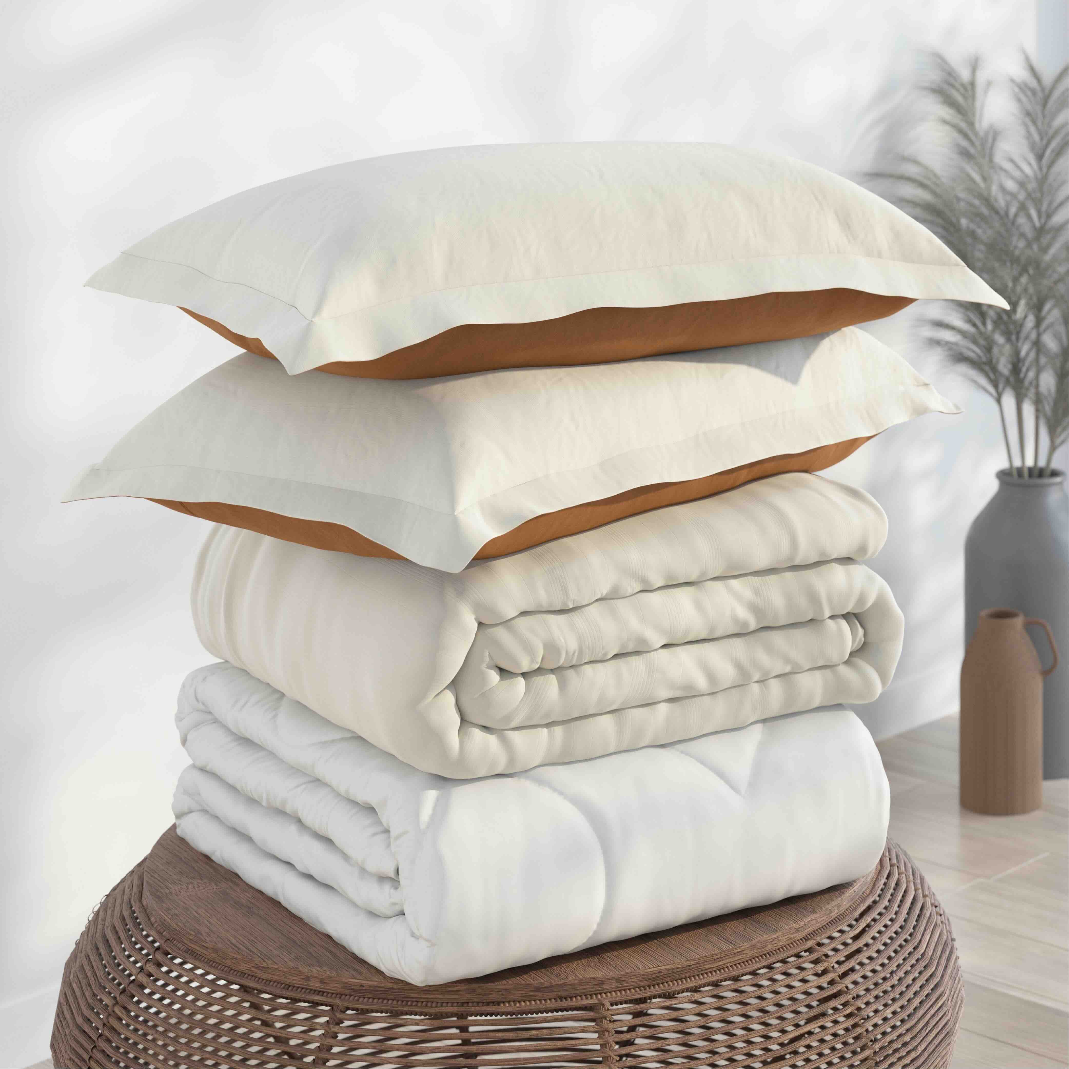 A stack of folded bedding, including two cream pillowcases with tan undersides, a cream quilt, and a white duvet, arranged on a round woven ottoman in a softly lit room.