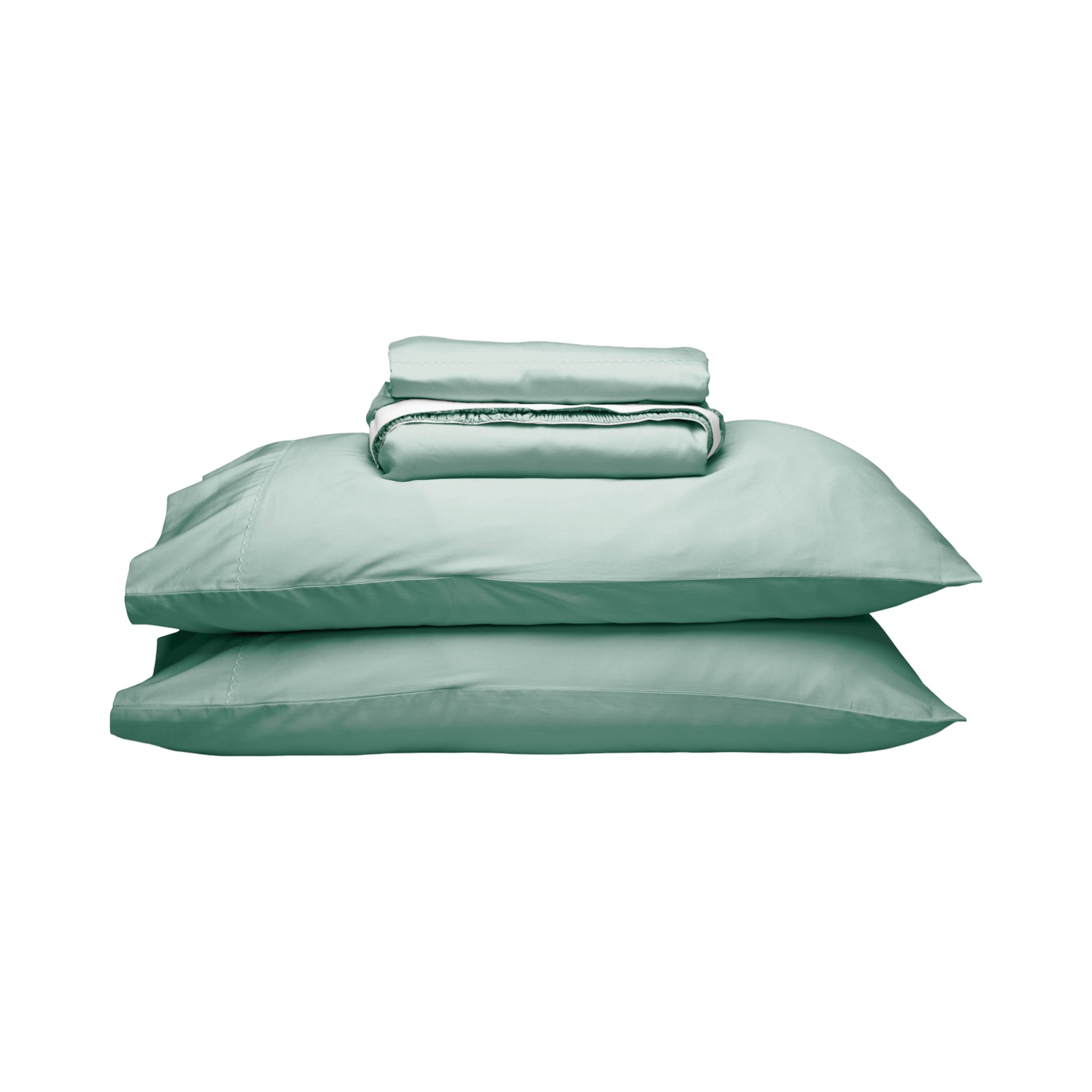 A stack of mint green bedding, including two pillowcases and a folded folded sheet or duvet cover, displayed on a solid white background.