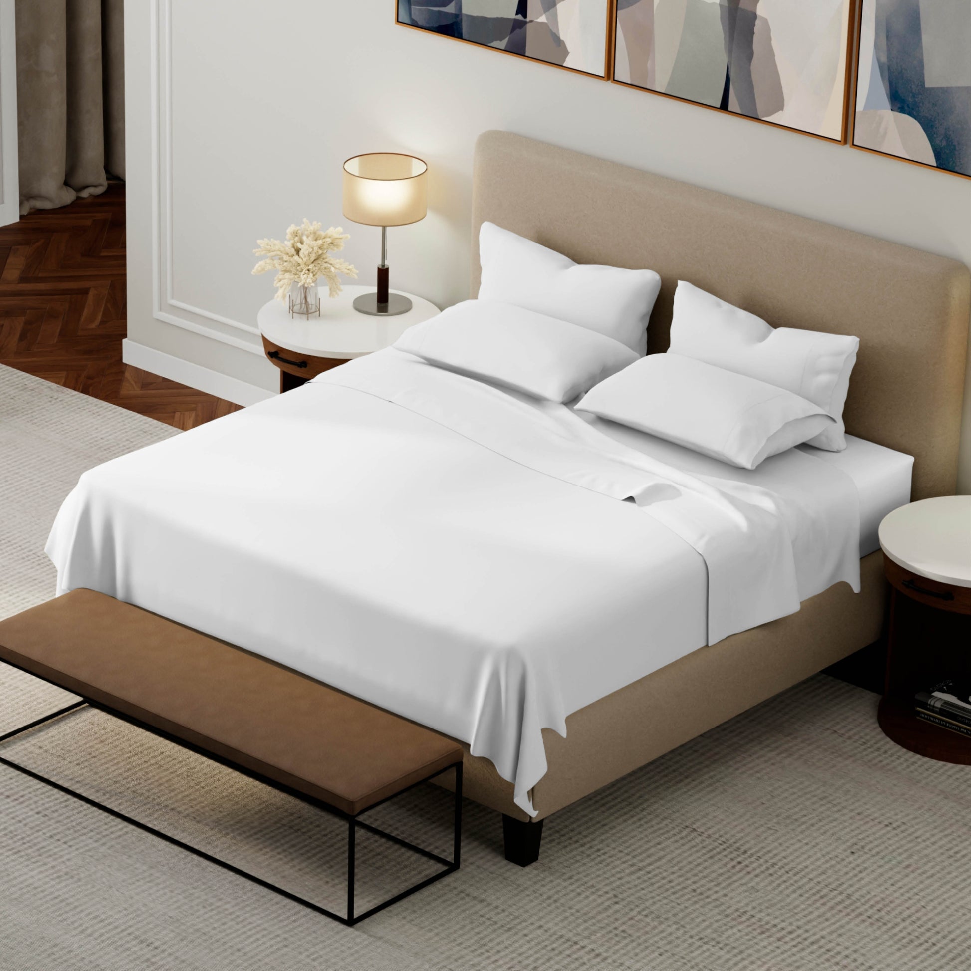 Neatly made bed with white bedding in a modern bedroom setting.