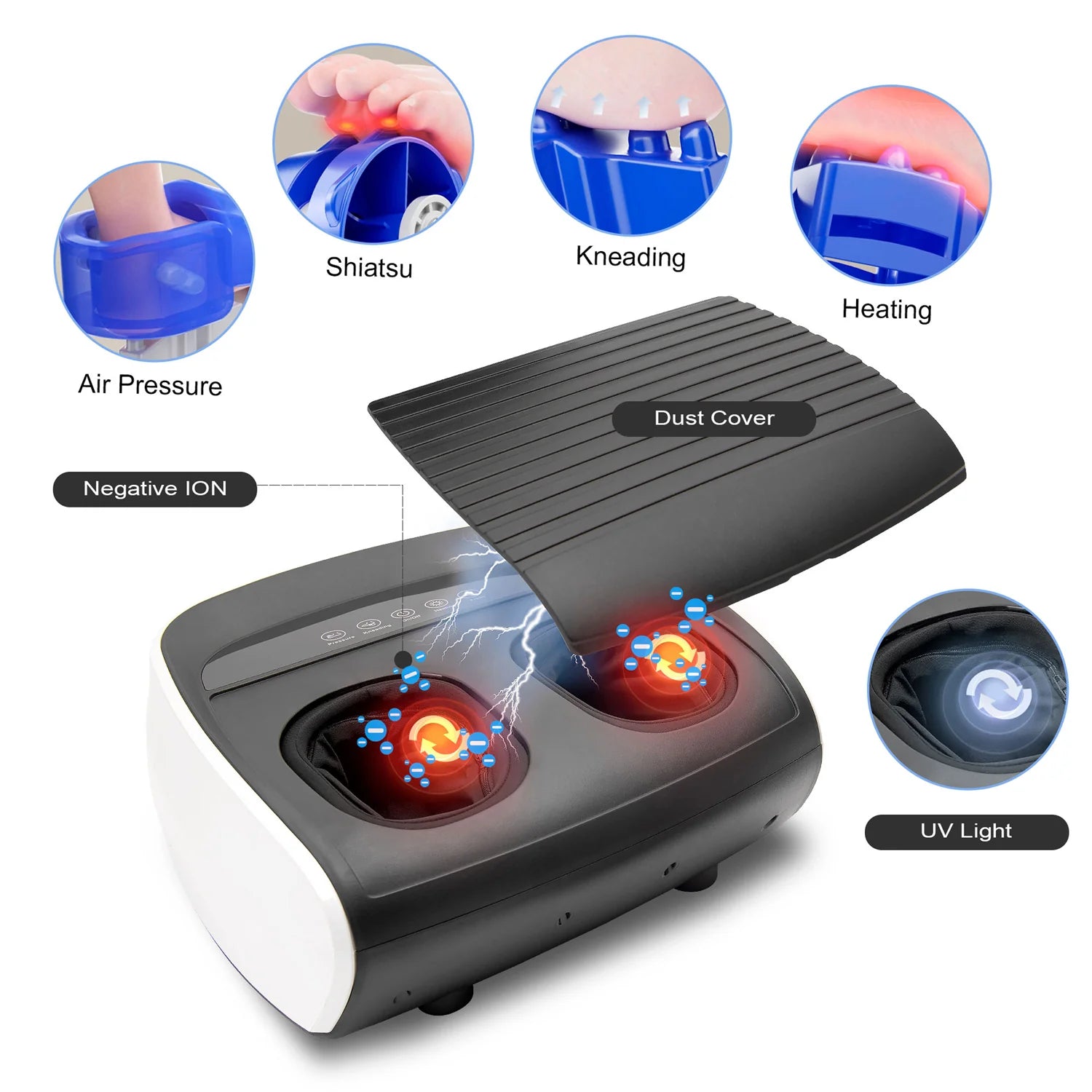 Massage device with various massage functions shown on a white background