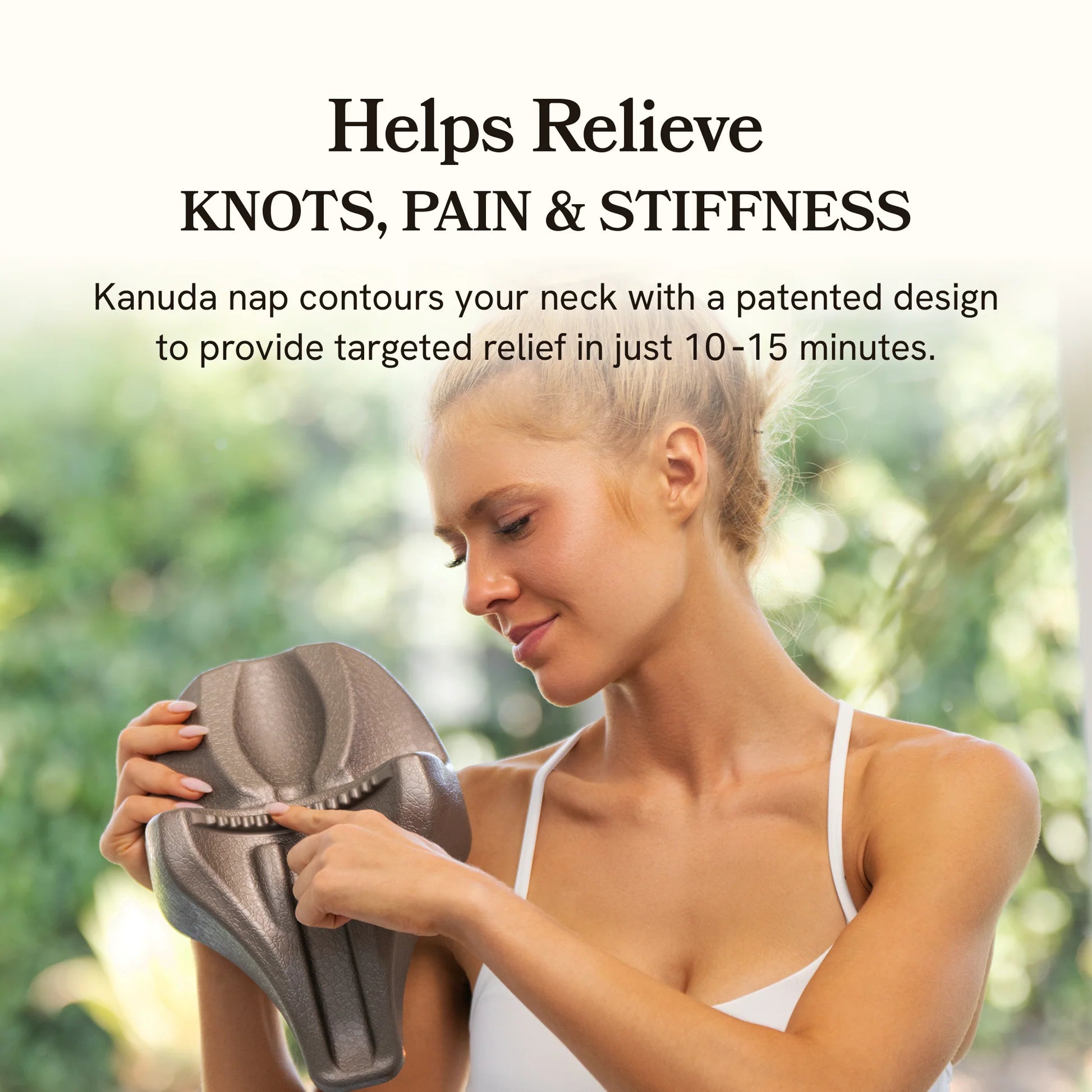 Woman using a decompression device with text about relief from knots, pain, and stiffness.