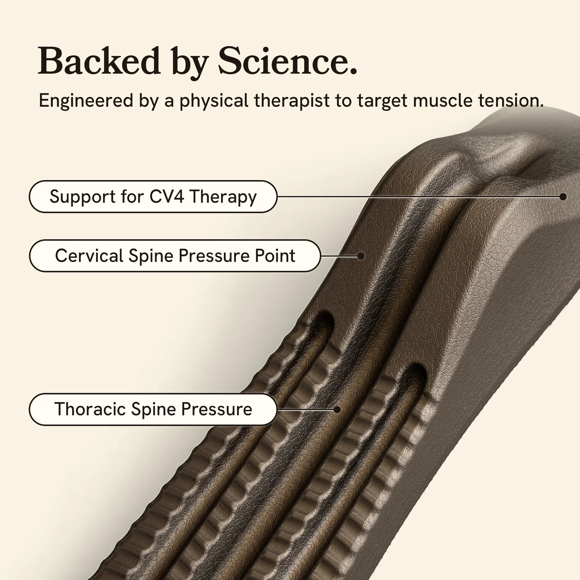 Close-up of a gray spine decompression stretcher with labeled pressure points on a beige background.