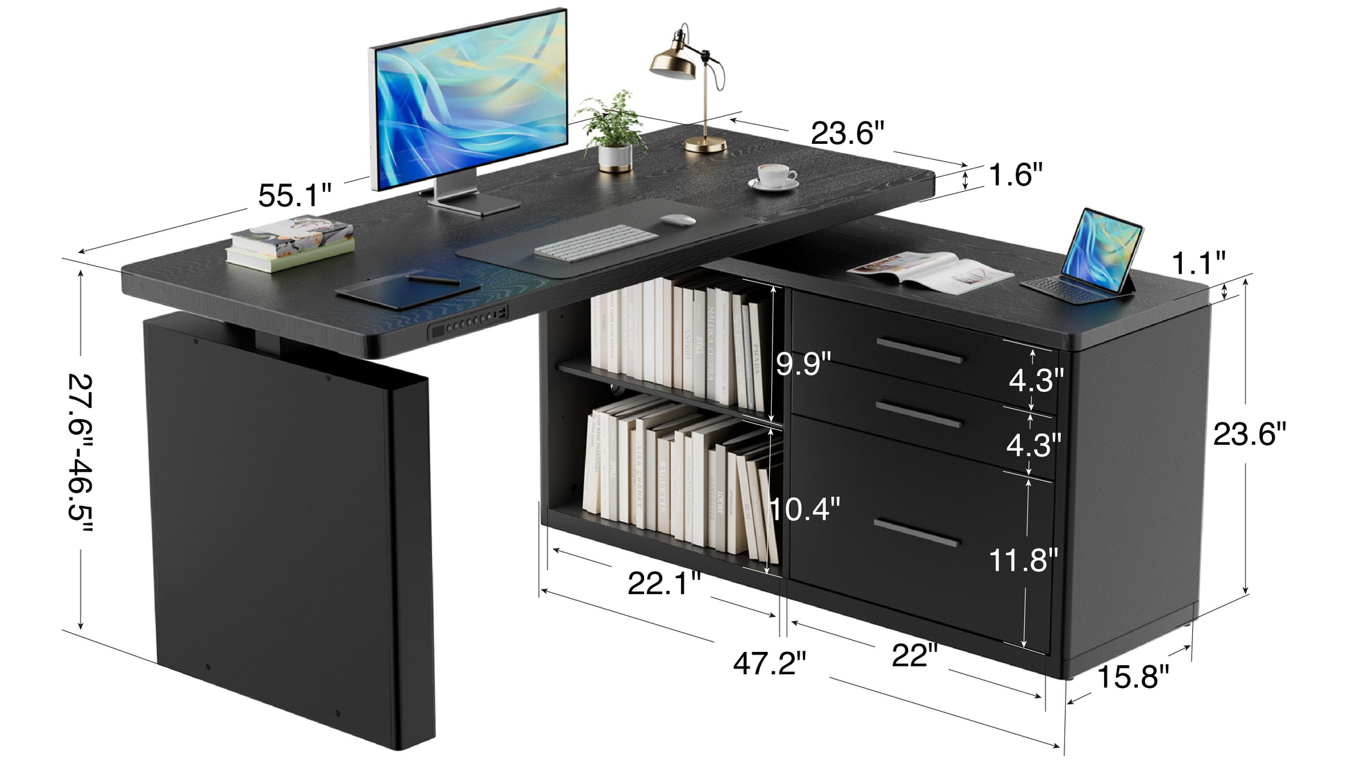Black L-shaped desk with dimensions labeled on a white background