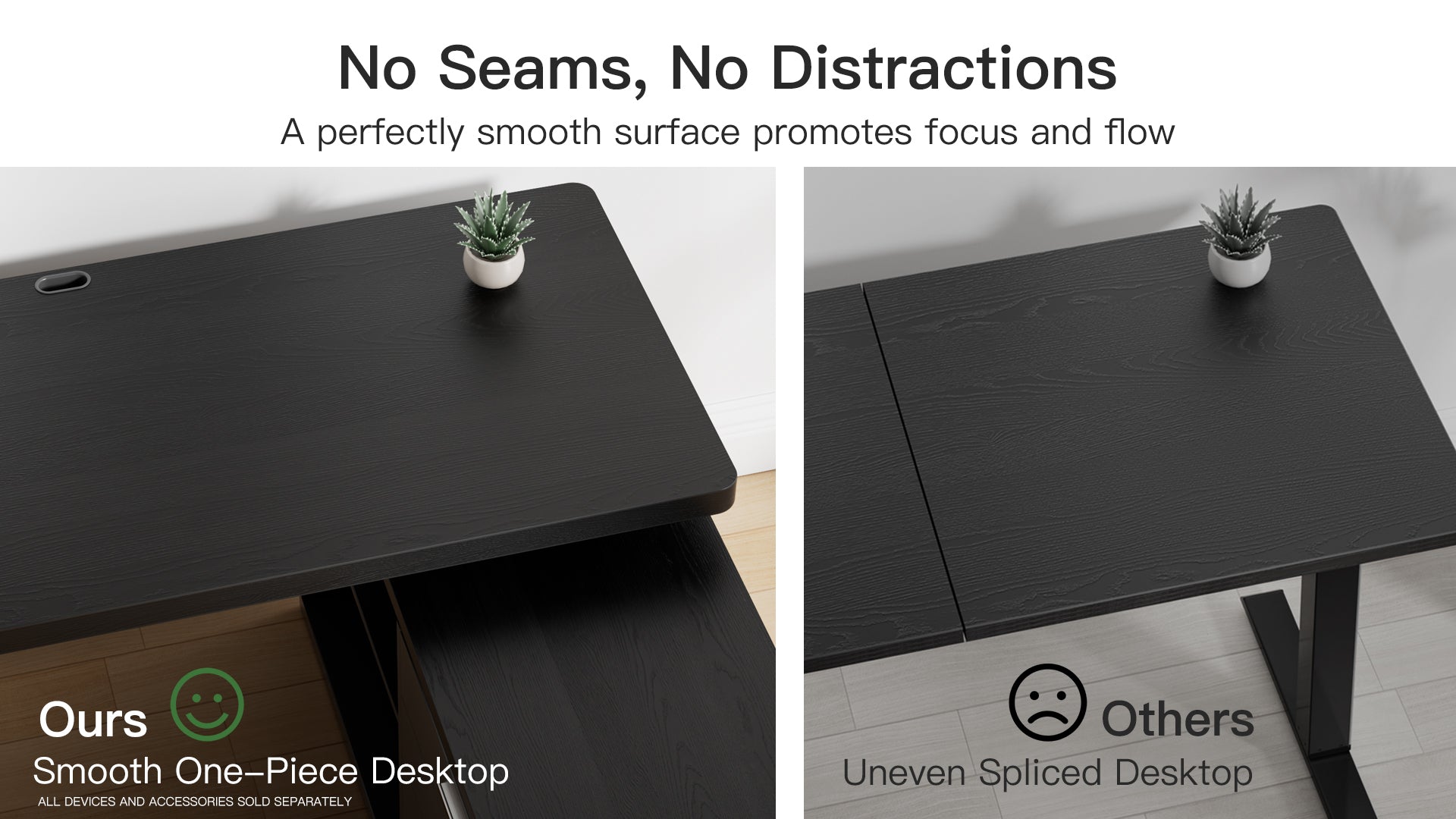 Black desk with smooth one-piece desktop and comparison to uneven spliced desktop.