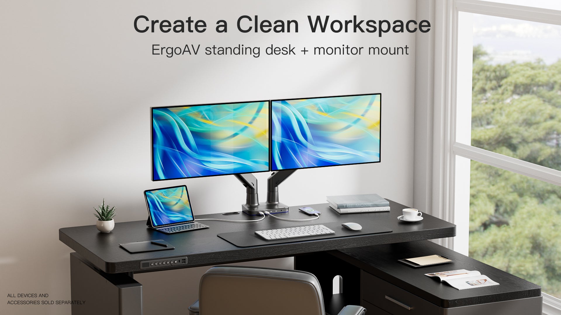 Ergonomic standing desk setup with dual monitors and laptop, featuring ErgoAV products.