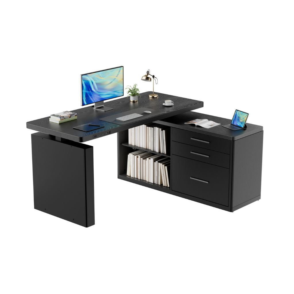 Black L-shaped desk with office items on a white background