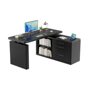 Black L-shaped desk with office items on a white background